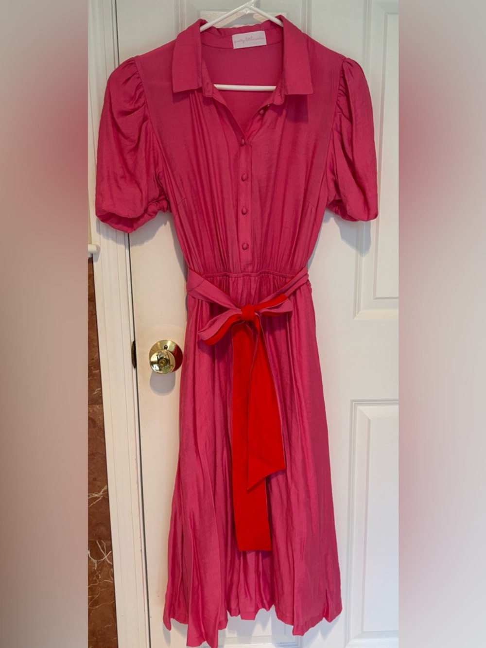 Pretty Little Sister Pink Puff-Sleeve Shirt Dress with Tie Belt
